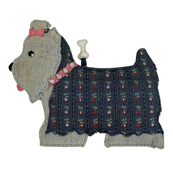 Scottie Dog-Shaped Patchwork Fabric Coin Purse Rhinestone Collar Zipper Closure - Picture 1 of 7